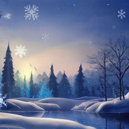 winter illustration with snowflakes, lake in winterの素材