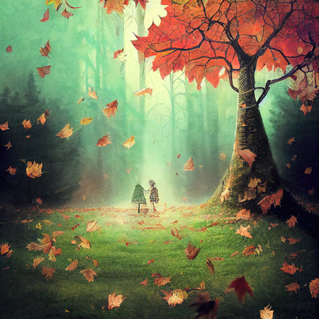 lonely person in the forest, autumn, falling leaves artの素材