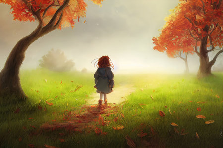 a little girl standing on a path in an autumn illustration, foggy scene 2の素材