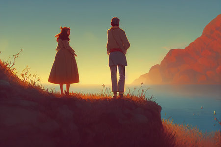 wife and husband standing on a hill, beautiful lake view, cartoon animation art 2の素材