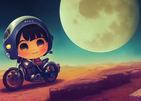 cute chibi manga girl with big eyes riding a motorcycle at a sci fi desert 2の素材