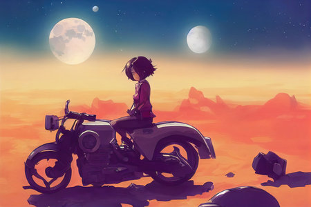 anime girl in the desert sitting on a motorcycle, concept art 2の素材