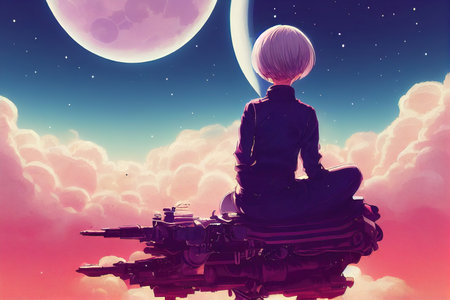 anime illustration with a sitting girl on a sci fi motorcycle around pink clouds cyberpunkの素材