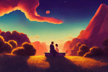 a young couple sitting on a bench with a colorful sky 2の素材