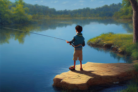 young man with a fishing rod at the riverbank, art 2の素材