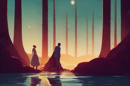 man and woman walking in a forest together, medieval scene, cartoon art 2の素材