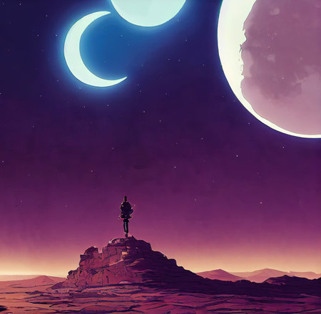 a man standing on a hill at a sci fi planet with a lot of moons artの素材