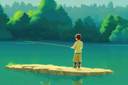 fishing cartoon scene at the lake artの素材