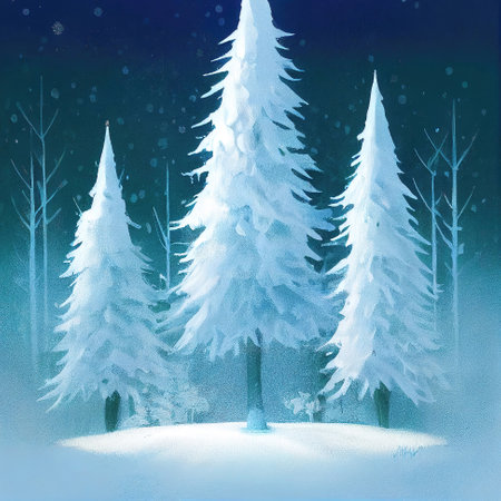 three trees full with snow painted in cartoon art, winter illustration 2の素材