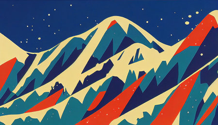 lovely winter mountain illustration in a classic vintage artの素材