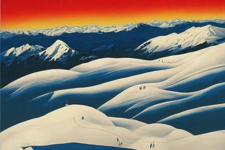 winter landscape poster illustration, vintage classic art with mountainsの素材