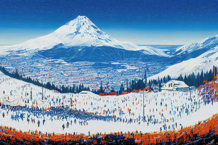winter sport poster illustration with a big mountain in the background, ski sport with communityの素材