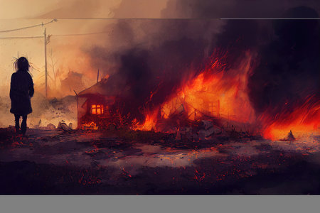 burning house with a lot of fire, illustration artの素材