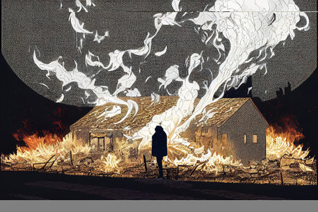 abstract cartoon illustration of a burning land and house with smoke, thinking about life artの素材