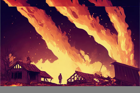 abstract burning land illustration with big strong fire artの素材