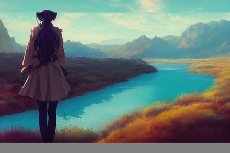 an anime girl standing in front of a fantasy river landscape illustration artの素材