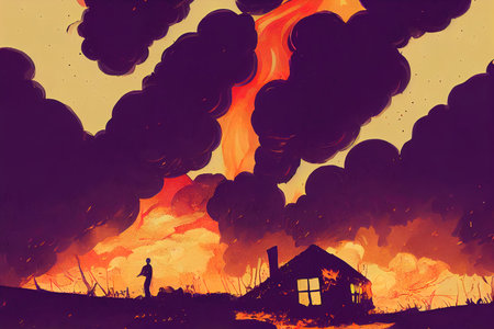 an abstract cartoon illustration of a burning cottage artの素材