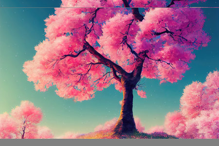 a single cherry tree with shining parts, illustration artの素材