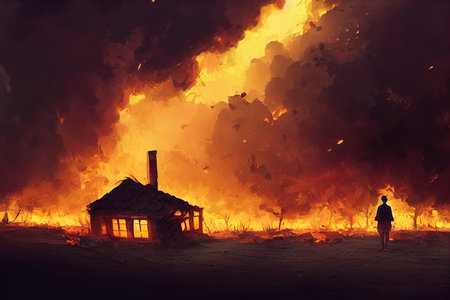 a burning cottage illustration with a lot of fire around artの素材