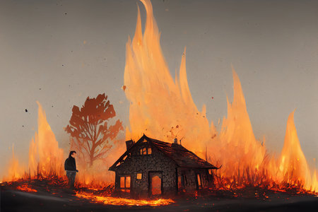 cartoon illustration of a burning cottage, big fire  artの素材
