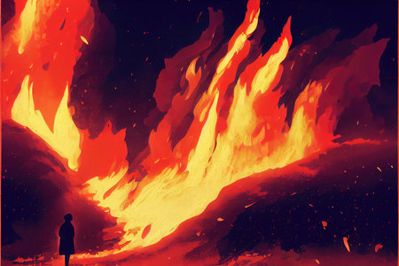 a cartoon illustration of a burning land, big heavy fire, small person standing in front artの素材