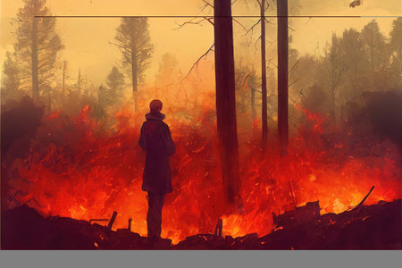 a burning forest illustration with a man standing in front artの素材