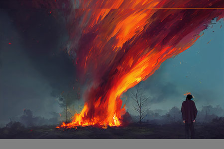 a burning fire swirl in front of a person, a person standing in front artの素材