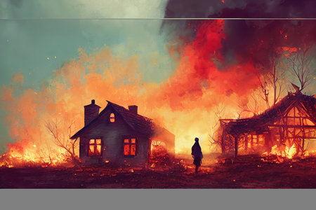 a manga art illustration of cottages burning in front of a person, life's work disaster artの素材