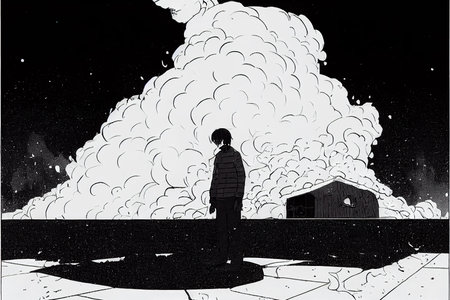 black and white illustration of a burning landscape artの素材