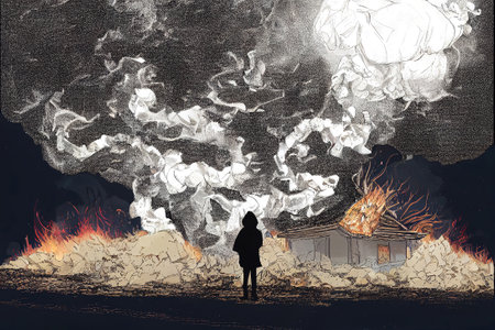 disaster illustration of a burning cottage, life's work is collapsing, person standing in front artの素材