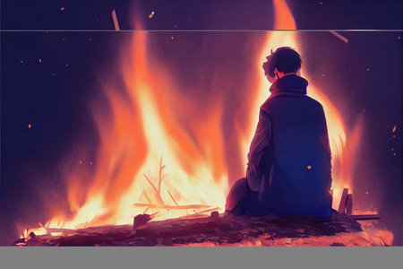 a sad man sitting in front of a burning land, anime style artの素材