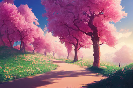 pink cherry trees next to an unexplored road, anime illustration artの素材