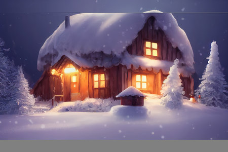 an illustration of a cottage in winter with warm light insight artの素材
