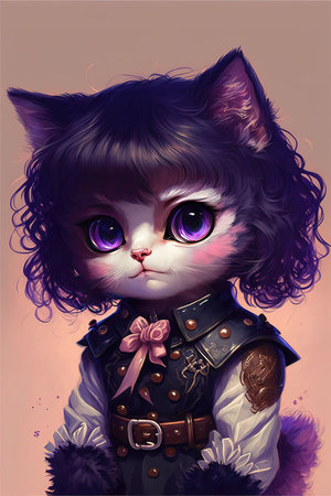 a cute standing fantasy cat with violet colors artの素材