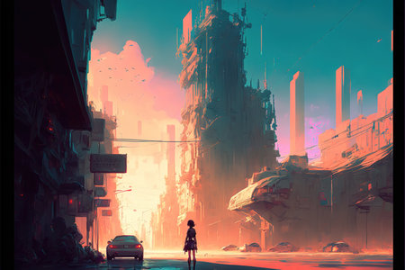 a young girl standing in front of a big unknown city, sci fi style artの素材