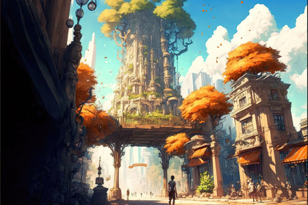 an abandoned lost futuristic scifi city with a person standing in front, anime manga style artの素材