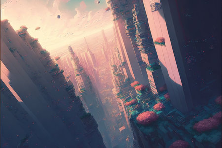 a modern scifi illustration of a big city with balkony artの素材