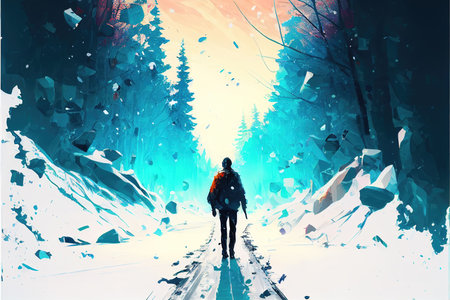 an adventurer on his journey walking on an unexplored road, cartoon art artの素材