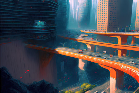 a highway illustration of a scfi future city, anime manga style artの素材