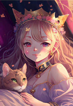 a beautiful neka princess girl with a cat, in bed sleeping artの素材