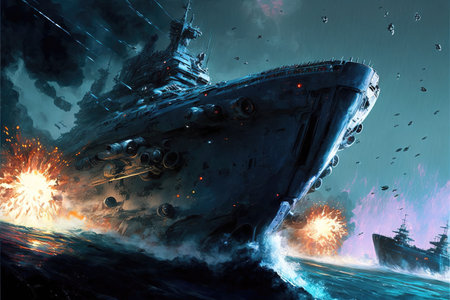 a battleship being attacked by bombs on high waters artの素材