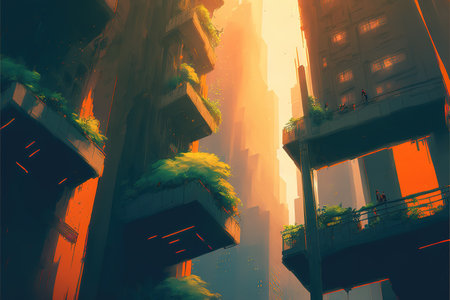 a manga illustration of a scifi city of balkony view artの素材