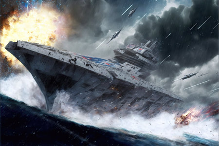 a concept art illustration of a battleship in fight scene artの素材
