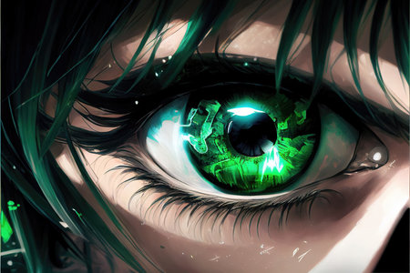an impressive cool green anime eye illustration, concept art style artの素材