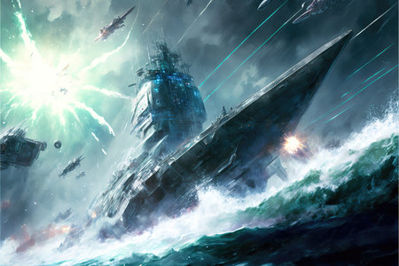 a scifi future battleship fight scene, modern art styleの素材