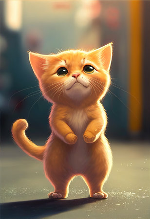 a standing cat, young cute kitten asking for food, anime manga art artの素材