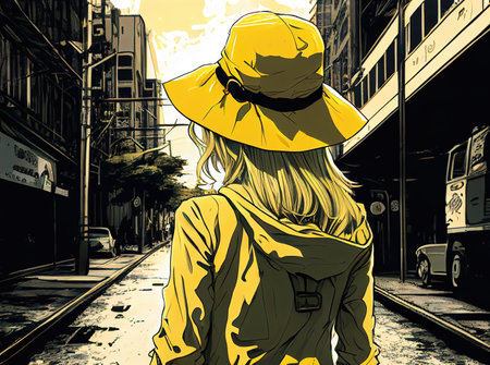 a modern pop art illustration of a yellow girl standing on a street of a big city, poster themedの素材