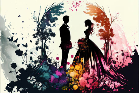 wedding illustration with leaves and colors, marriage poster illustration artの素材