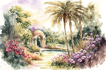 a wonderful peaceful beach scene with a small greek inspired palastの素材