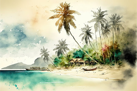 a classic retro inspired beach scene painted in watercolorの素材